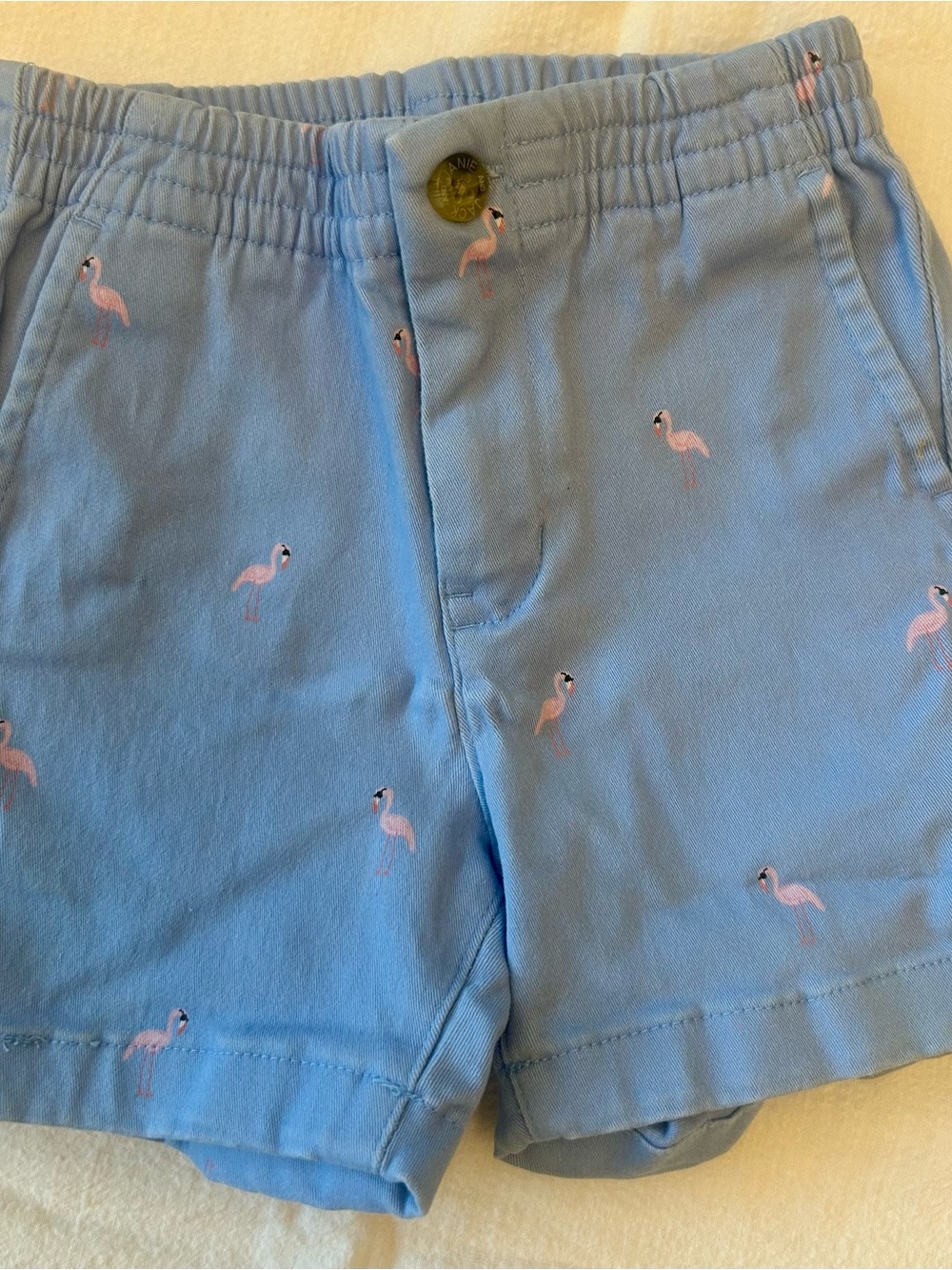 Janie And Jack Light Blue Shorts Pink Flamingo Print Beach/vacation 12-18 Months